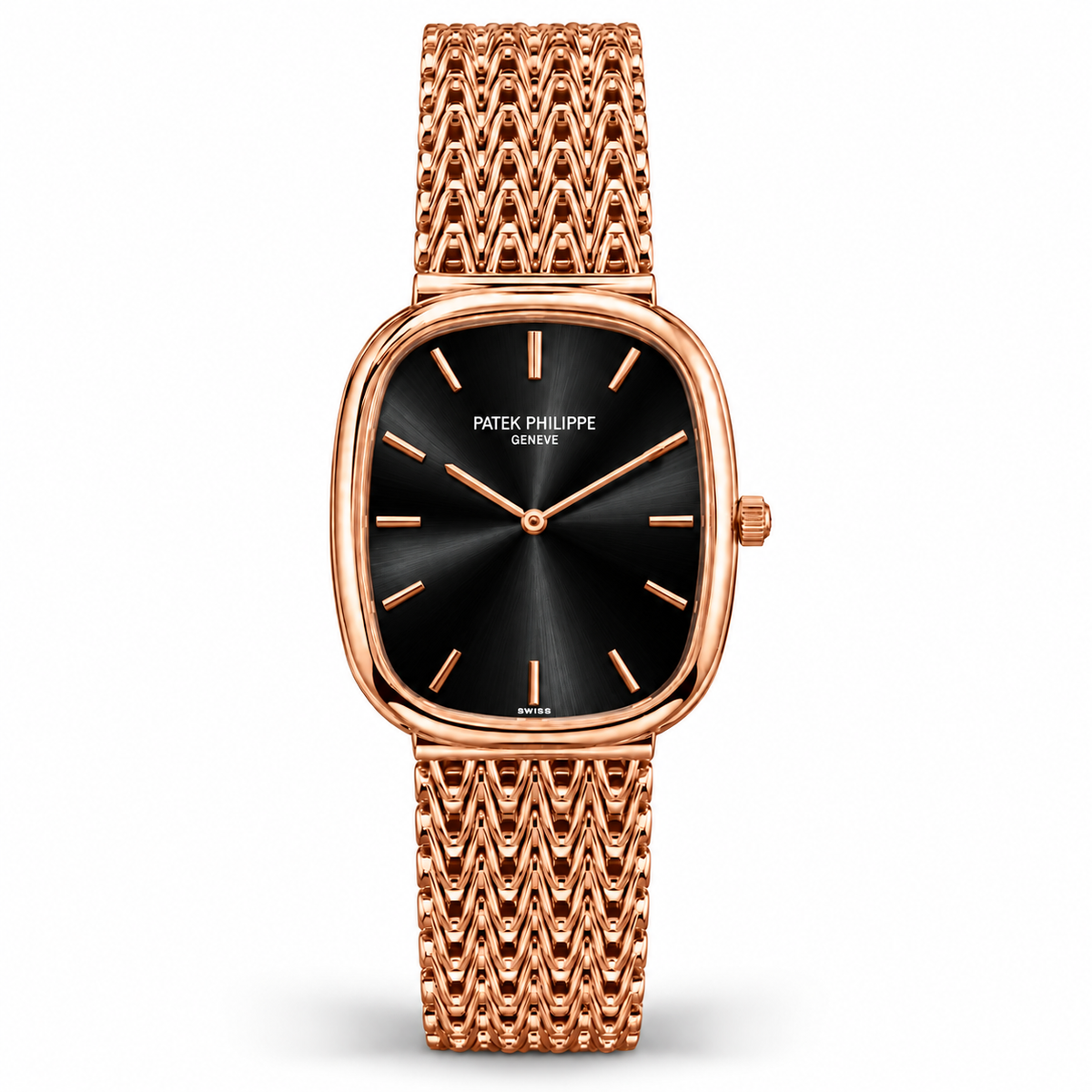 Patek Philippe Master Copy Ellipse Quartz Watch with Sunburst Dial & Mesh Metallic Bracelet