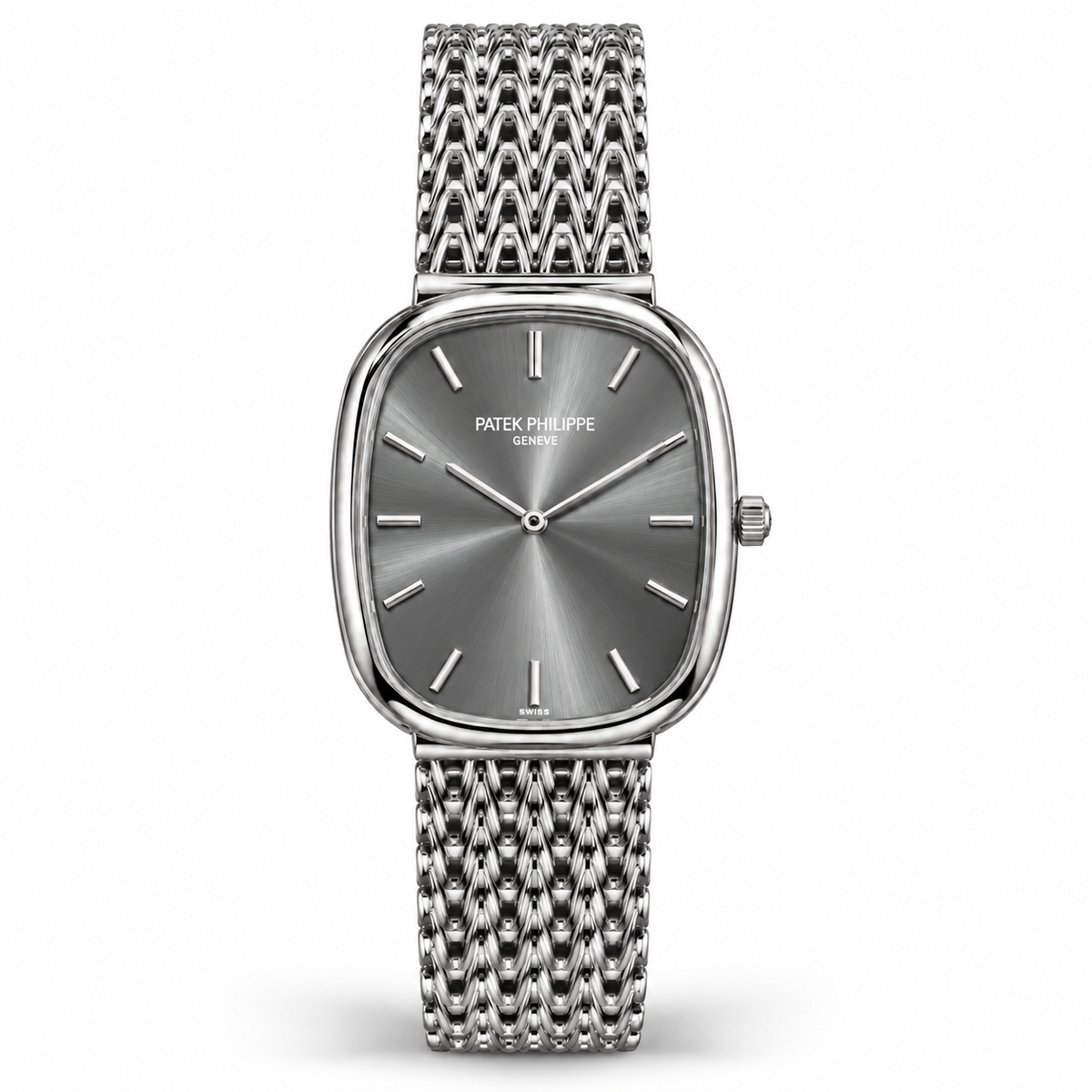 Patek Philippe Master Copy Ellipse Quartz Watch with Sunburst Dial & Mesh Metallic Bracelet