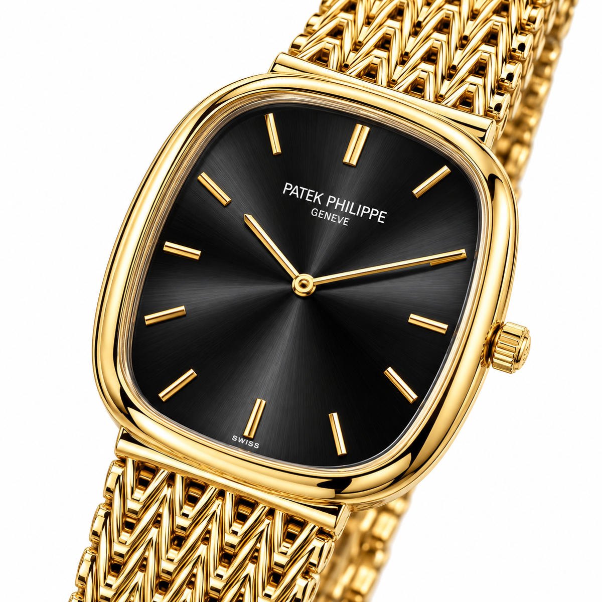 Patek Philippe Master Copy Ellipse Quartz Watch with Sunburst Dial & Mesh Metallic Bracelet