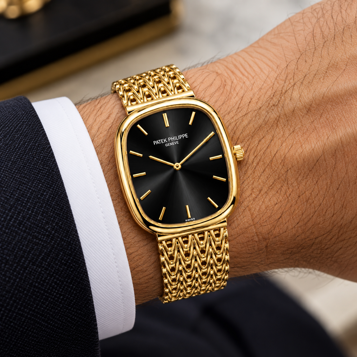 Patek Philippe Master Copy Ellipse Quartz Watch with Sunburst Dial & Mesh Metallic Bracelet