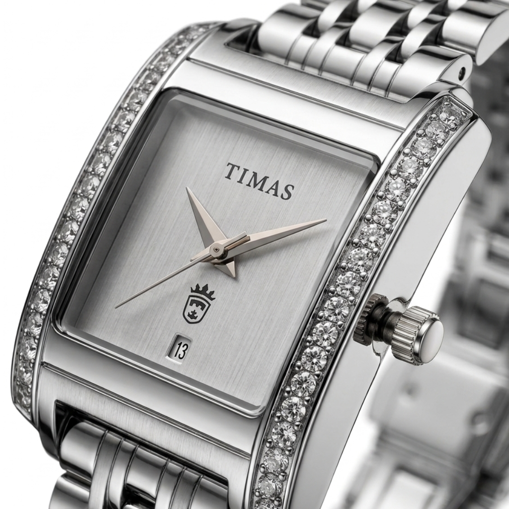 TIMAS Rectangular Luxury Edition | Crystal-Paved Bezel Stainless Steel Women's Quartz Watch (AWTL-00274)