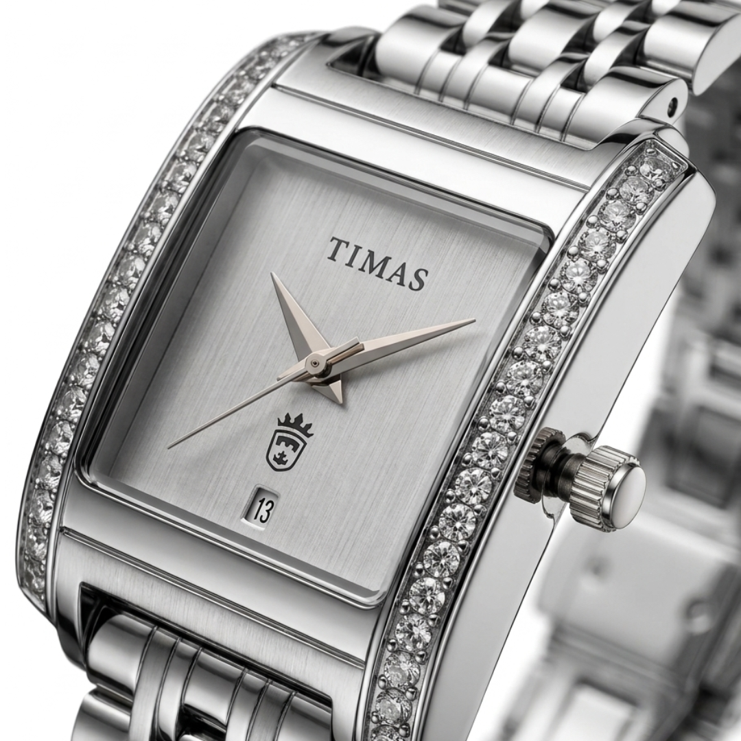 TIMAS Rectangular Luxury Edition | Crystal-Paved Bezel Stainless Steel Women's Quartz Watch (AWTL-00274)