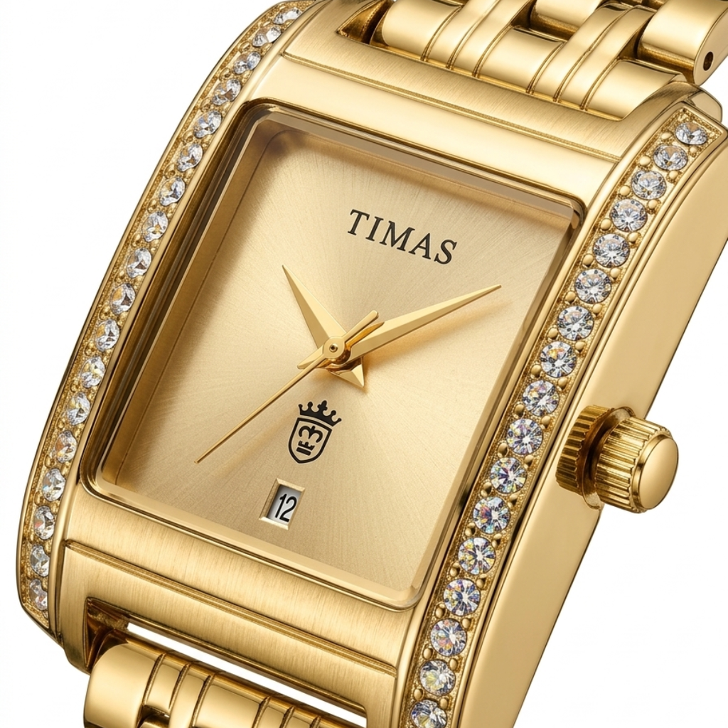 TIMAS Rectangular Luxury Edition | Crystal-Paved Bezel Stainless Steel Women's Quartz Watch (AWTL-00274)