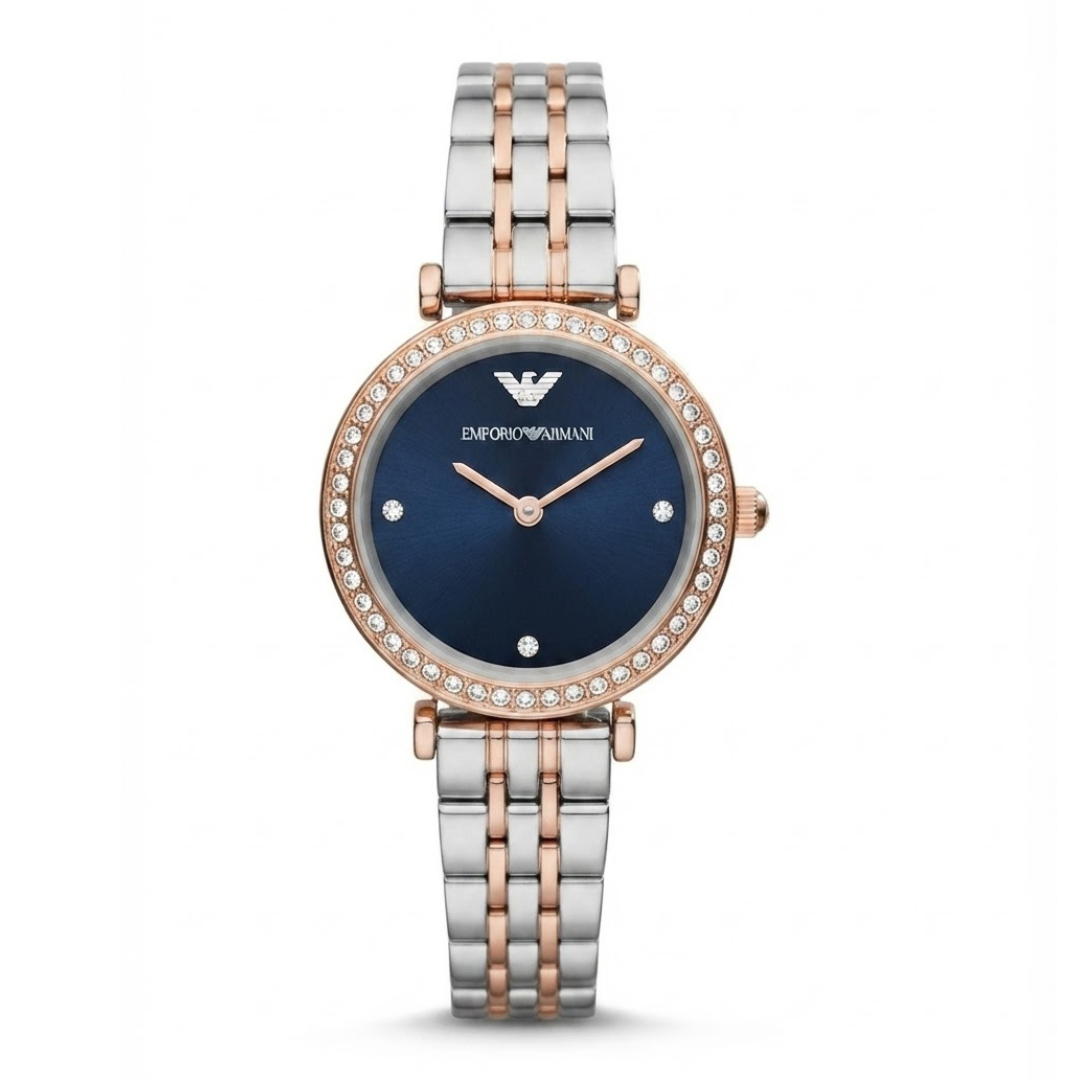EMPORIO ARMANI Gianni T-Bar Style Edition | Crystal Bezel Two-Tone Women's Quartz Watch (AWEL-00281)
