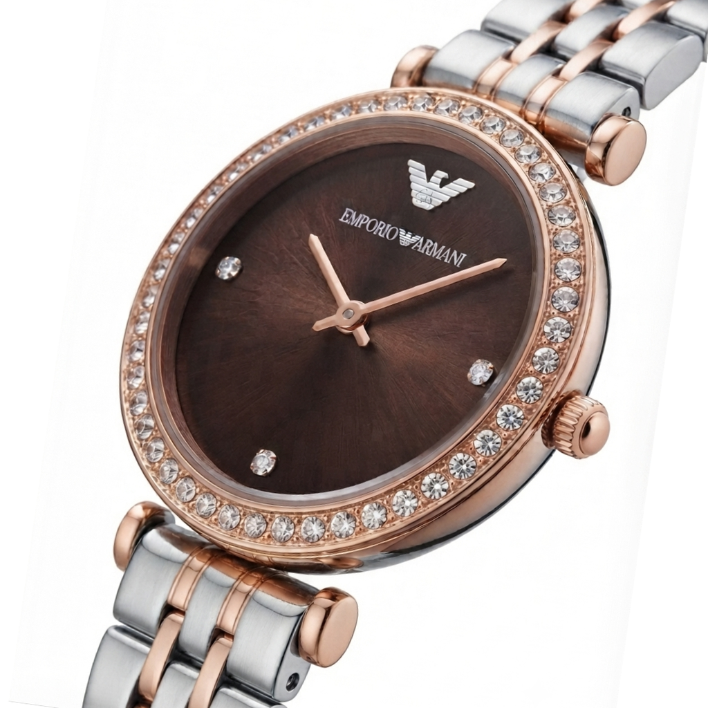EMPORIO ARMANI Gianni T-Bar Style Edition | Crystal Bezel Two-Tone Women's Quartz Watch (AWEL-00281)
