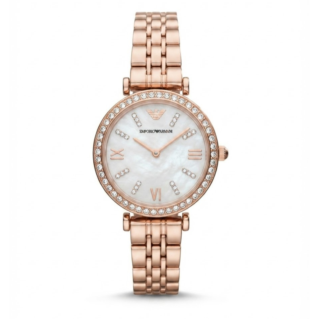EMPORIO ARMANI Gianni T-Bar Edition | Mother-of-Pearl & Crystal Women's Quartz Watch (AWEL-00282)