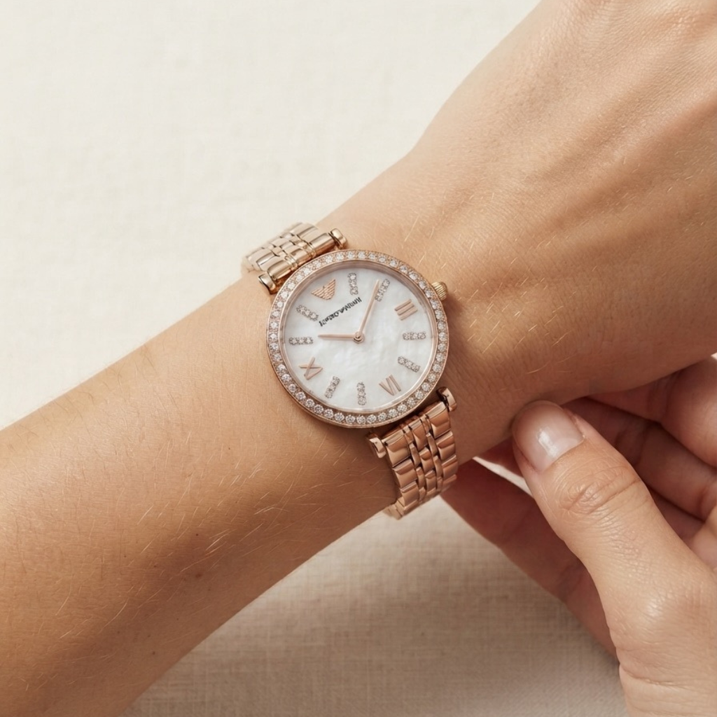 EMPORIO ARMANI Gianni T-Bar Edition | Mother-of-Pearl & Crystal Women's Quartz Watch (AWEL-00282)