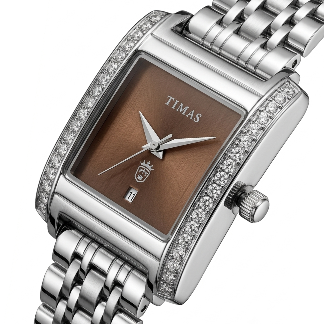 TIMAS Rectangular Luxury Edition | Crystal-Paved Bezel Stainless Steel Women's Quartz Watch (AWTL-00274)