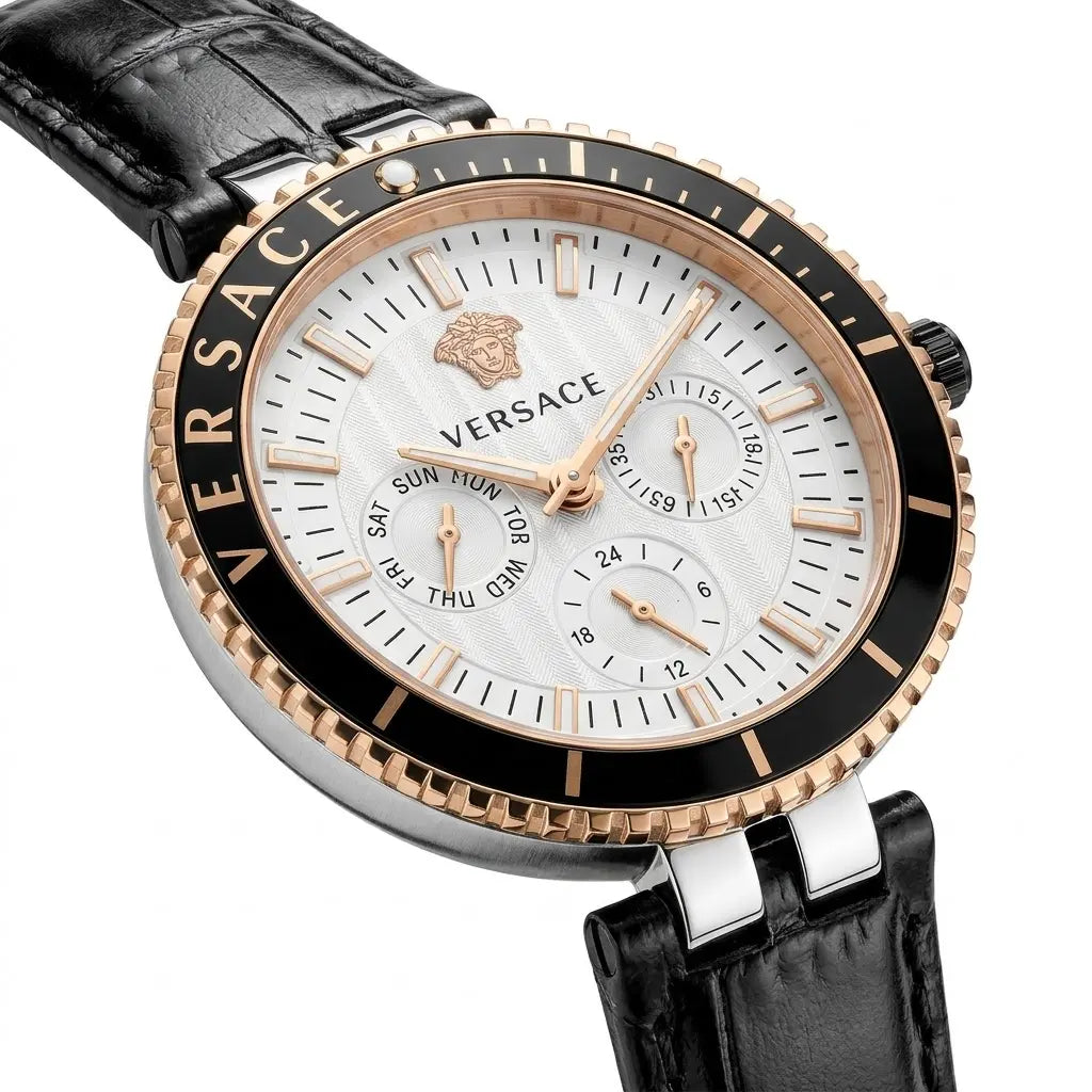 Versace Palazzo Fashion Chronograph | Working Multi-Dial Display with Alligator-Grain Strap