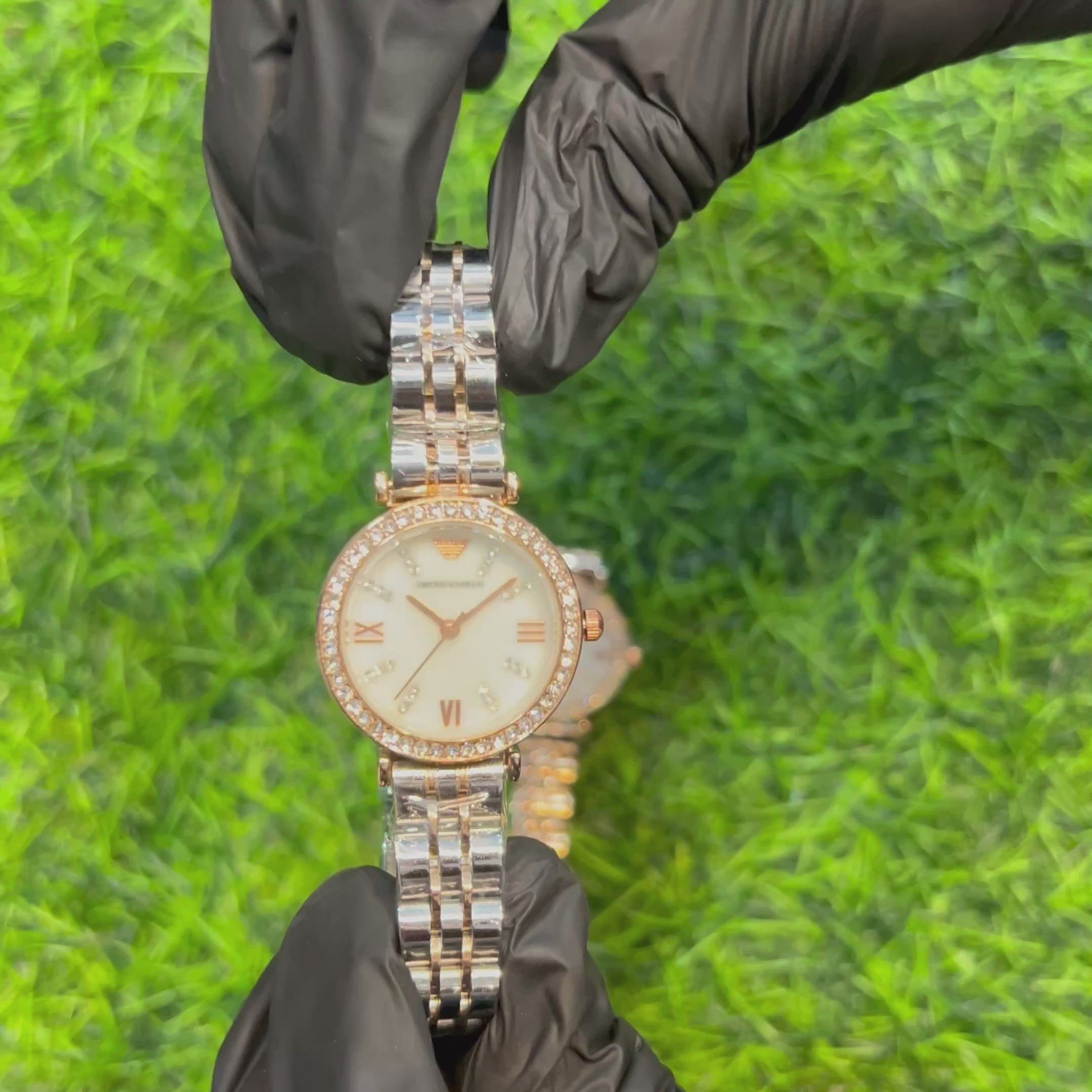 EMPORIO ARMANI Gianni T-Bar Edition | Mother-of-Pearl & Crystal Women's Quartz Watch (AWEL-00282)